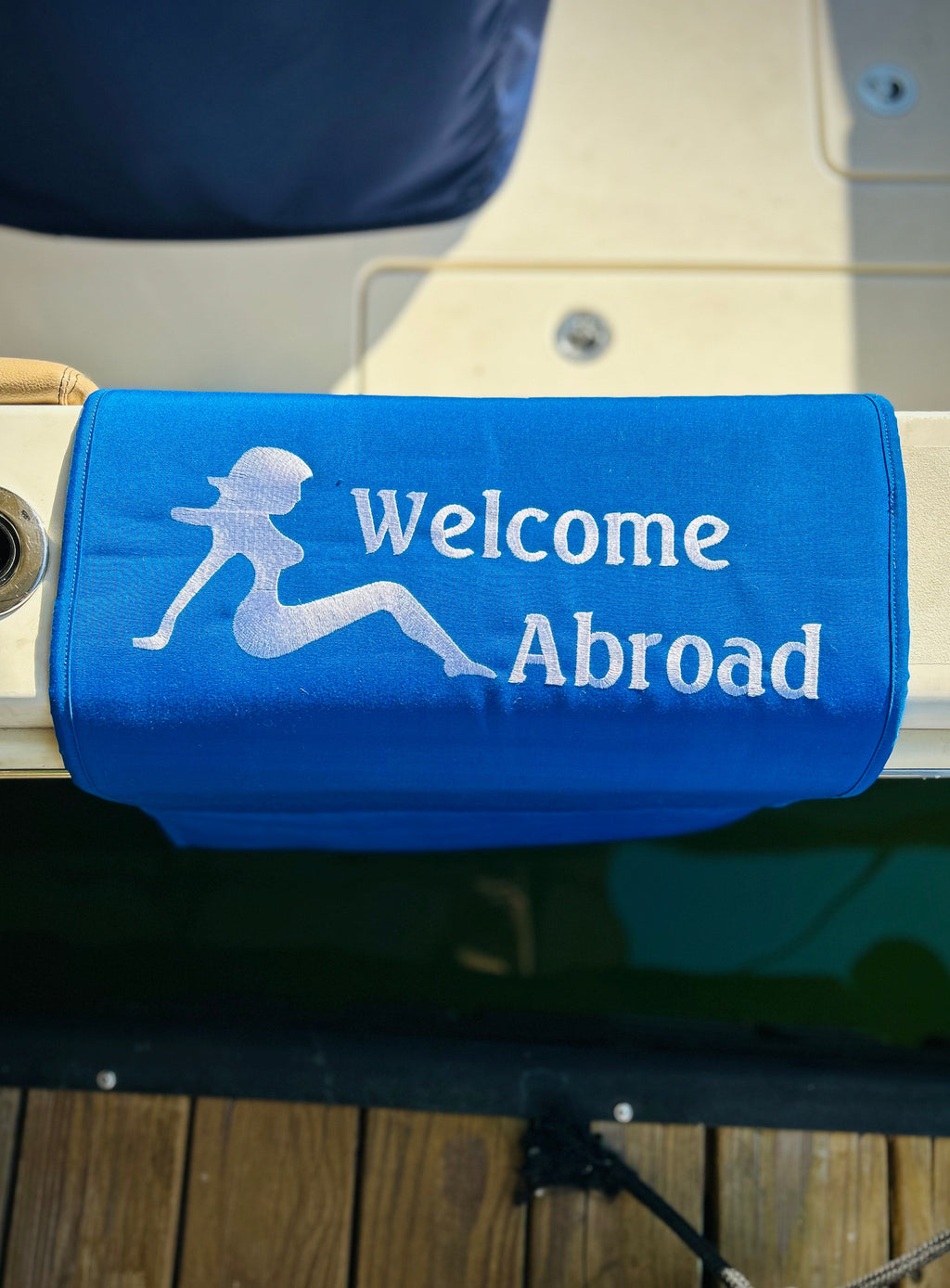 Custom 20"W X 36"L "Welcome Abroad" SUNBRELLA Canvas Gunwale Boarding Mat