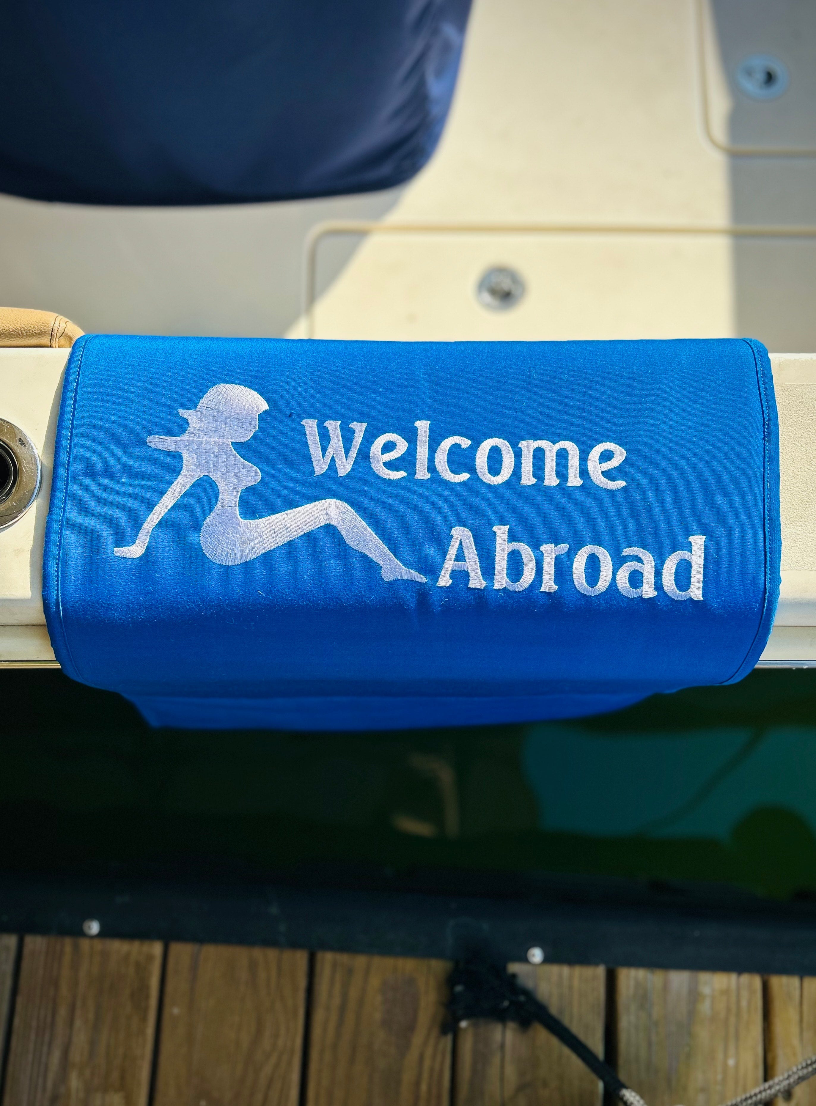 Custom 20"W X 36"L "Welcome Abroad" SUNBRELLA Canvas Gunwale Boarding Mat