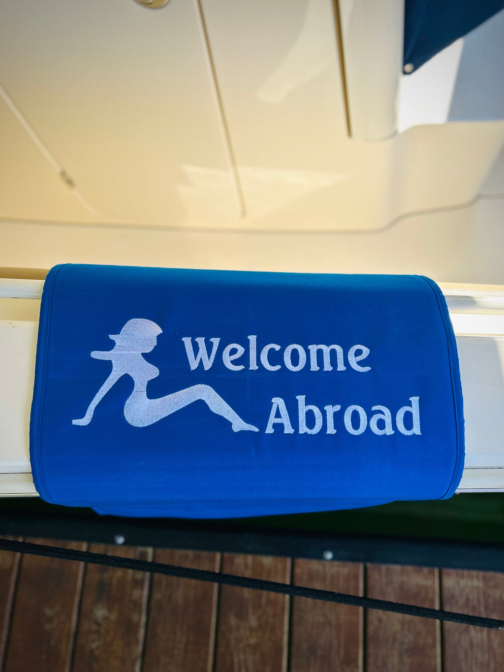 Custom 20"W X 36"L "Welcome Abroad" SUNBRELLA Canvas Gunwale Boarding Mat