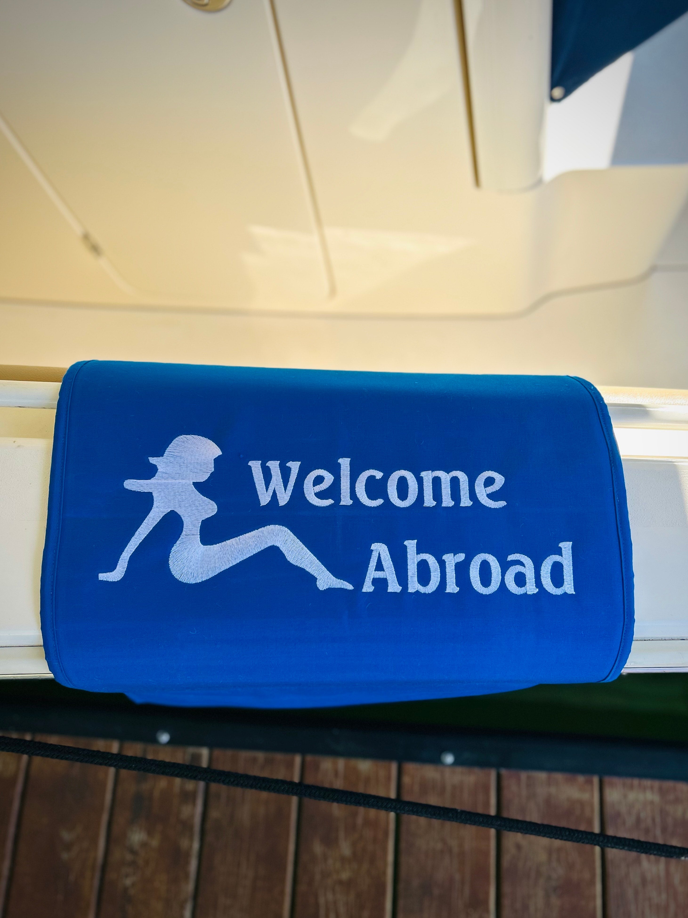 Custom 20"W X 36"L "Welcome Abroad" SUNBRELLA Canvas Gunwale Boarding Mat
