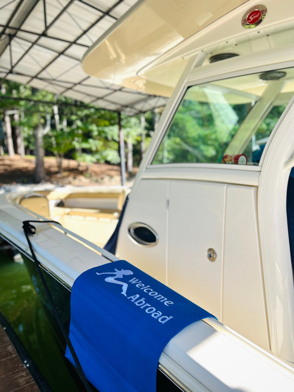 Custom 20"W X 36"L "Welcome Abroad" SUNBRELLA Canvas Gunwale Boarding Mat